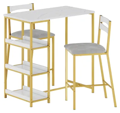 Imagen del producto de Conjunto de mesa de bar con 2 taburetes tapizados con respaldo, de 3 piezas, con estantes. Estructura dorada y superficie de mármol blanco
