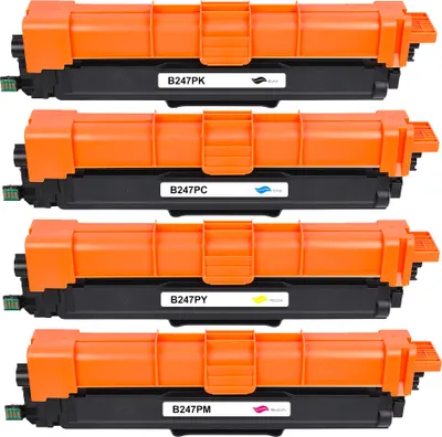 Four toner cartridges stacked vertically against a white background.