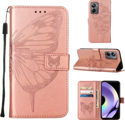 Produktbild von Lederhülle für Realme 10 Pro 5G Schmetterling Prägung Flip Ledertasche Kartenfächer Handyhülle mit Ständer Pink