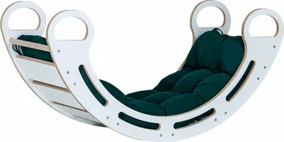 A white wooden rocking arch with a green cushion, isolated on a white background.