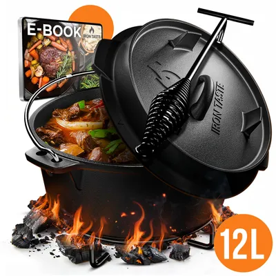 Image de IRON TASTE Dutch Oven Set - Dutch Oven brûlé - Marmite en fonte avec lève-couvercle pratique & dessous de plat en acier inoxydable sans pieds /12