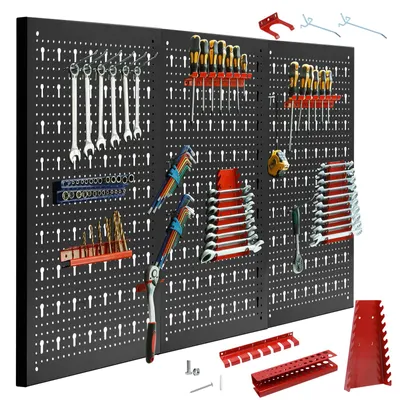 Produktbild von CCLIFE Werkzeugwand Lochwand Metall Werkzeuglochwand Dreiteilig 120 x 60 x 2 cm Erweiterbar Inkl. 35-Teiligem Zubehör