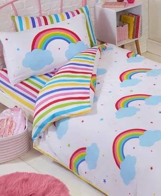 Produktbild von Unyqoos® Junior-Bettwäsche 120 x 150 cm – Wendebettbezug Regenbogen & Sterne, Weiß, inkl. Kissenbezug 42 x 62 cm, 48% Baumwolle/52% Polyester