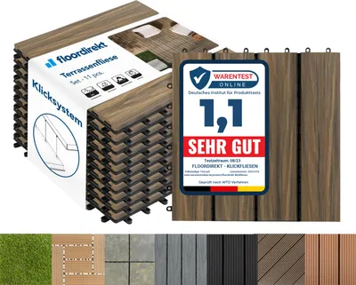Produktbild von Fliesen Terrassenfliesen Klickfliesen Balkonfliesen wetterfest Mix Teak 30x30 cm 11 Stück (1m²)