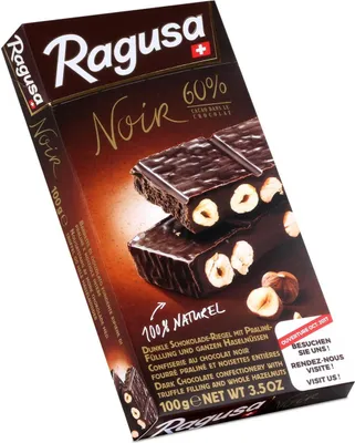 Produktbild von Ragusa Noir 60% dunkle Schokolade mit ganzen Haselnüssen 100g