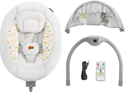 A product shot of a baby bouncer and its accessories, laid out separately on a white background.