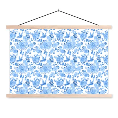 Produktbild von MuchoWow® Textilposter Blumen - Muster - Blau 60x40 cm mit holzfarbenen Rahmen - Bilder