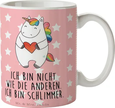 Produktbild von Mr. & Mrs. Panda Becher Einhorn Herz - Rot Pastell - Geschenk, Kaffeetasse, keramik, Einhörner, Tasse, Deko, Bunt, bedruckt, Unicorn, Kaffeebecher, Lustig, böse