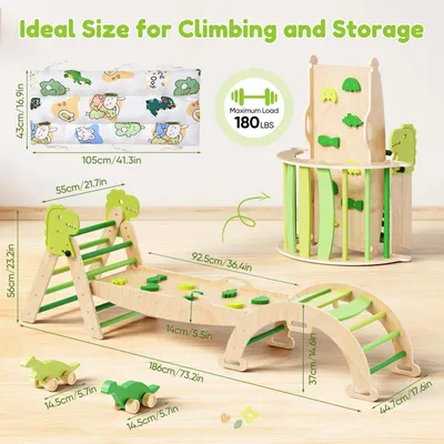 Immagine prodotto di Area giochi per bambini - Set da arrampicata 7-in-1 - Legno - Scala da arrampicata triangolare - Scivolo con cuscino - Adatto per interni/esterni, per bambini piccoli (<3 anni) - Multicolore