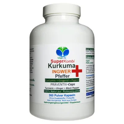 Produktbild von SuperKombi Kurkuma, Ingwer + Pfeffer 360 Pulver Kapseln Curcumin & Gingerol & Piperin NATUR Pur - OHNE Zusatzstoffe.