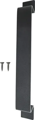 A black door handle with two screws on a white background.