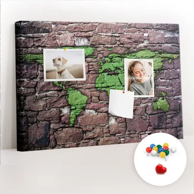 Immagine prodotto di Lavagna in sughero con puntine - Pannello con puntine per foto e appunti - 60x40 cm - 100 puntine colorate - Mappa del mondo da appendere al muro