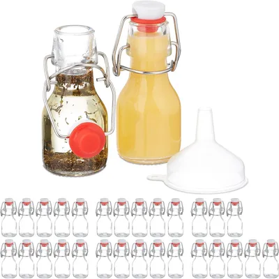Produktbild von Kleine Glasflaschen, Set mit 30 Stück, 50 ml, Mini-Flaschen zum Befüllen, geeignet für Liköre und Öle, mit Bügelverschluss, transparent