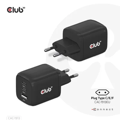 Produktbild von CLUB3D Reiseladegerät PPS 65Watt GAN-Technologie, Dreifachanschluss (2x USB Typ-C + USB Typ-A) Power Delivery (PD) 3.0 Unterstützung, Drinnen, AC, 20 V, 20 A, 1 m, Schwarz