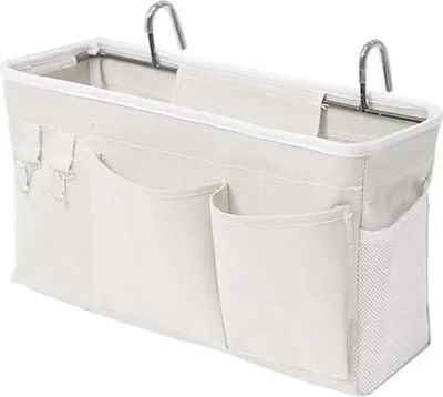 Produktbild von Bett-Organizer, Betttasche mit Drahthaken, Hängetasche, Etagenbett-Aufbewahrungstasche für Bücher, Zeitschriften, Handy, Kopfhörer, Bettaufbewahrung (Weiß)