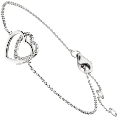 Produktbild von 1,1mm Armband Armkette, 2 Herzen mit Zirkonia 925 Silber rhodiniert, 15-18,5cm