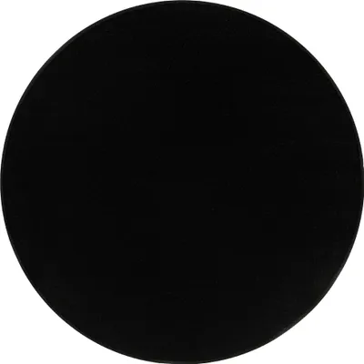 A black circular rug is shown from a top-down view against a white background.
