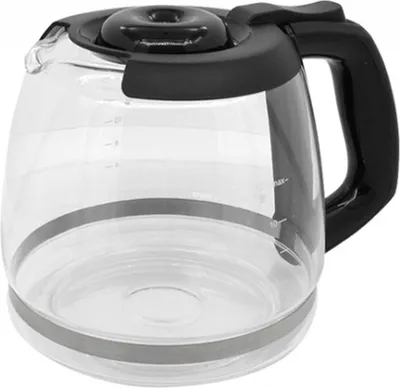 A clear glass coffee pot with a black lid and handle.
