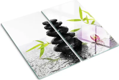 Produktbild von Glasplatte zum Schutz der Kochfläche – Abdeckung für die Kochplatte – Abdeckung für die Induktionskochplatte – 2 Stück, 30x52 cm – Einfache Reinigung – Gehärtetes Glas – Motive: Steine und Orchideen