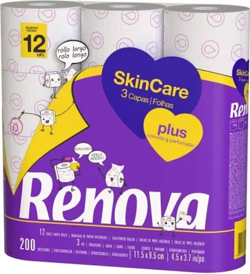 Produktbild von Renova - Toilettenpapier Skin Care Plus, verziert, parfümiert – 12 Rollen (WC-Papier)