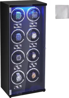Obrázek produktu pro Natahovač hodinek - Automatický natahovač hodinek - Natahovač hodinek pro automatické hodinky - Automatický natahovač hodinek pro 8 hodinek - LED osvětlení - Nastavitelná délka řemínku 150-207 mm.