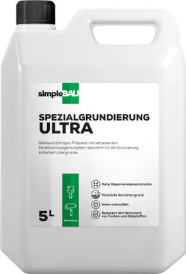 Produktbild von SimpleBau Grundierung ULTRA gebrauchsfertige Grundierung mit erhöhten Parametern Eine Grundierung für kritische Unterlagen Dringt stark in den Untergrund ein Verstärkt den Untergrund, 5l