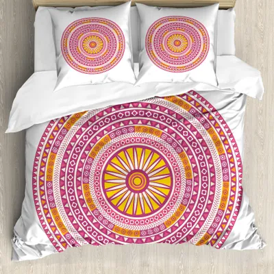 Produktbild von ABAKUHAUS Mandala Bettbezug Set für Einzelbetten, Zusammenfassung Bohemian Medaillon, Milbensicher Allergiker geeignet mit Kissenbezug, 155 cm x 220 cm - 80 x 80 cm, Magenta Gelb