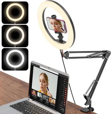 Obrázek produktu pro 10palcové kruhové světlo se stativem, s nastavitelnou intenzitou, 3 barvy světla, pro videohovory