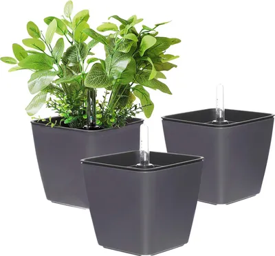 Produktbild von Selbstbewässernder Kunststoff-Blumentopf mit Wasserstandsanzeiger 13 cm grau - Set von 3