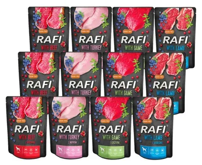 Zdjęcie produktu dla Rafi Mokra Karma dla Dorosłych Psów 4 Smaki Saszetka Zestaw 12 x 300 g