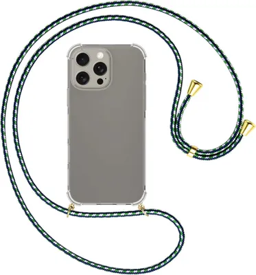Produktbild von Handykette Backcover-Schutzhülle mit Band (Metall goldfarben) für iPhone 16 Pro Max - grün/blau/weiß