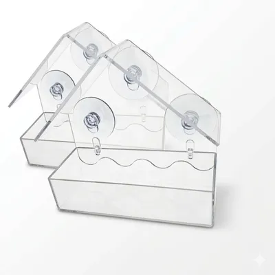 Immagine prodotto di Casetta per uccelli con 2 finestre, 15 x 6 x 14,5 cm, in plastica trasparente, con 3 ventose, resistente alle intemperie