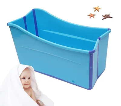 Immagine prodotto di Vasca da bagno pieghevole - vasca rettangolare portatile da 100 cm - con tubo di scarico da 1,1 metri - per bambini e adulti fino a 1,6 metri di altezza, 90 kg di peso - colore blu