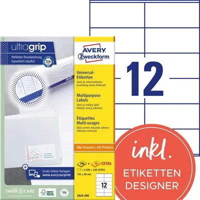 Zdjęcie produktu dla Avery Zweckform 3424 - Etykiety - białe - 48 x 105 mm - 2400 etykiet (200 arkuszy x 12) (3424-200)