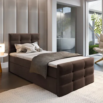 Produktbild von Masseno Boxspringbett AMON 90 90x200 cm Komplett-Set mit Bonell Matratze und Topper, Polsterbett mit Bettkästen -Braun, COSMIC 800