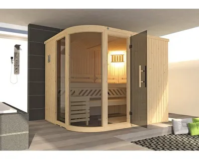 Produktbild von Elementsauna Weka Sara Gr.2 inkl.9 kW Ofen u.digitaler Steuerung mit Fenster und graphitfarbiger Ganzglastüre