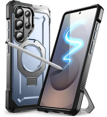 Image de Coque de protection avec support à anneau pour Samsung Galaxy S25 Ultra, couleur bleue, compatible MagSafe et SPen