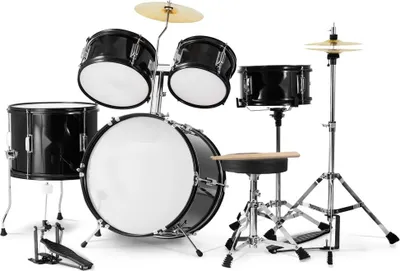 Produktbild von Kinder Schlagzeug Set 5-teilig mit Thron - Schwarz - Optimales Anfänger Drumset für Kinder - Musikinstrument für junge Musiker