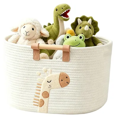 Zdjęcie produktu dla Koszyk do przechowywania wykonany z bawełnianego sznurka z drewnianymi uchwytami, o wymiarach 40x30 cm, idealny do pokoju dziecięcego