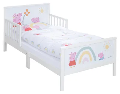 Immagine prodotto di Set per lettino Peppa Pig, 70 x 140 cm, completo di lenzuola e rete. Lettino per bambini piccoli e lettino a tema Montessori in legno, con decorazioni ispirate alla serie animata