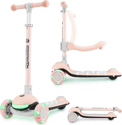 A collage of images showing a pink children's scooter from different angles, including one with a seat attached and one folded.