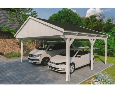 Produktbild von Doppelcarport SKAN Holz Fichtelberg inkl. Dachschindeln schwarz 618 x 566 cm weiß