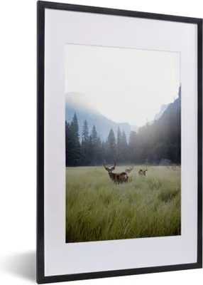 Produktbild von MuchoWow® MuchoWow® Gerahmtes Poster Wald - Hirsche - Nebel 40x60 cm - Poster mit zchwarzem Bilderrahmen - Poster in Rahmen