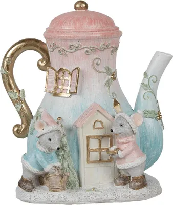 Produktbild von Clayre & Eef Dekoratives Haus mit LED Teekanne 15x12x16 cm Blau Rosa Polyresin Maus