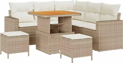 Image de Ensemble de canapés de jardin vidaXL, 9 pièces, couleur beige et crème, en résine tressée (poly-rattan), capacité de 6 personnes