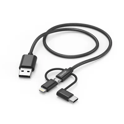 Productafbeelding van Hama 3-in-1 multi-oplaadkabel, 1,5 meter, 201536, USB-A naar USB-C/Lightning/MicroUSB, zwart.
