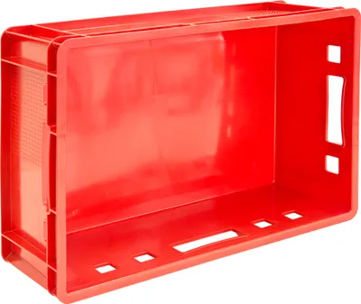 A red plastic crate is shown from a three-quarter angle.