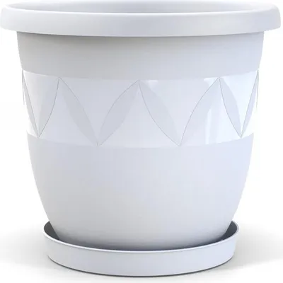 A white planter with a decorative band and a matching saucer, isolated on a white background.