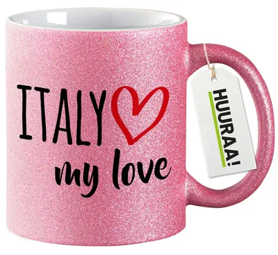 Produktbild von Huuraa Glitzertasse Italy my love 330ml Pink Keramik Kaffeebecher Geschenkidee