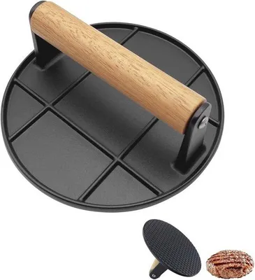 Produktbild von Hamburgerpress, 16cm, Rund, Hittebeständiges Holzgriff, Keine Aufkleber, für BBQ-Flachtopf, Grillen, Schwarz